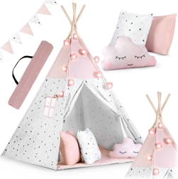 Teepee pentru copii cu ghirlandă și luminițe NUKIDO – roz