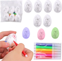 Ouă de Paște din polistiren pentru pictat cu model iepuraș, 6 buc. cu markere