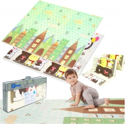 Saltea de joacă pliabilă din spumă, cu două straturi, HUMBI 200 × 180 × 1 cm – oraș, animăluțe