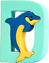 Literă din lemn D cu delfin – puzzle educativ tip inserție