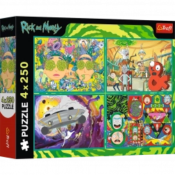 Puzzle 4x250 Lumea învălmășită a lui Rick și Morty de la Trefl