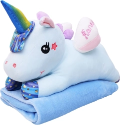 Unicorni pluș 3‑în‑1 cu pătură, albastru 55 cm (pătură 160 × 110 cm)
