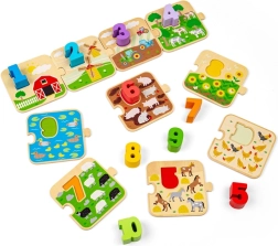 BIGJIGS TOYS puzzle din lemn cu imagini și numere 1–10 (viața la fermă)