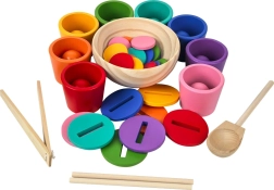Bile, monede și cupe curcubeu – set montessori din lemn, 8 culori