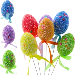 Ouă de Paște colorate pe sârmă cu modele albe și panglică 6 buc