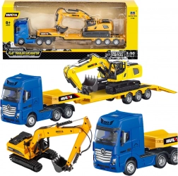 Cap tractor metalic cu semiremorcă joasă și excavator HUINA 1:50 galben
