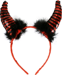 Coarne de drăcușor cu paiete și pene pe bentiță din satin