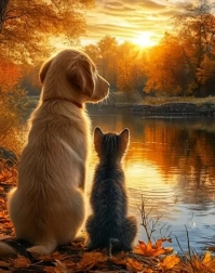 Pictură cu diamante pisicuță cu cățel 30 × 40 cm