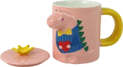 Cană ceramică cu capac și linguriță, motiv dinozaur, roz, 400 ml