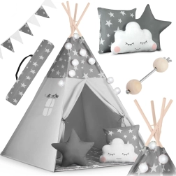 Teepee pentru copii NUKIDO cu luminițe și ghirlandă – gri cu steluțe