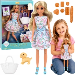 Păpușa Anlily cu cățel și accesorii (rochie cu flori)
