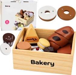 Mini brutărie din lemn – set magnetic de produse de panificație într-o lădiță din lemn (10 piese)