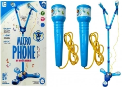 Set karaoke pentru copii cu microfon dublu pe stativ – albastru