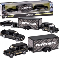 set maisto de modele din metal 1:64 mercedes-benz g (1988) și bmw m3 e30 cu remorcă