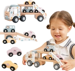 Transportor auto din lemn VIGA PolarB cu 3 mașinuțe și șofer