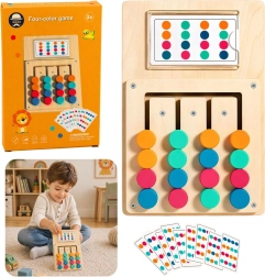 Joc logic din lemn pentru copii – puzzle cu butoane colorate glisante și carduri (12 buc.)