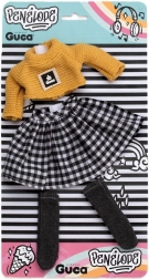 Hăinuțe pentru păpușa Penelope 34 cm – pulover tricotat, fustă în carouri și șosete până la genunchi