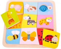Puzzle din lemn cu piese de încastrat – 9 animale BIGJIGS TOYS
