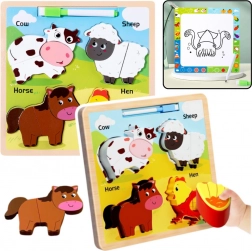 Puzzle educațional din lemn Animale domestice cu tablă de desen
