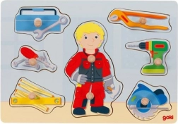 Puzzle din lemn cu butoni Mecanic Goki