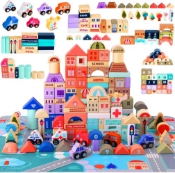 Oraș din lemn set de construcție 115 piese cu bază puzzle KRUZZEL