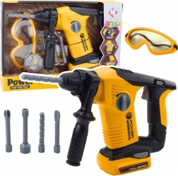 Ciocan rotopercutor pentru copii cu capete interschimbabile și ochelari de protecție galbeni