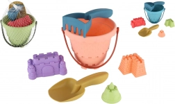 Set din plastic pentru nisip cu găleată, lopățică, greblă și 3 forme în plasă