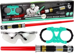 Set cosmic: sabie luminoasă cu lumină turcoaz și ochelari de protecție cu sunet