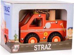 mașină de pompieri din lemn cu roți din cauciuc