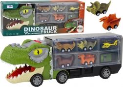 Camion de dinozauri cu transportor și 6 mașinuțe cu lumini și sunete – verde