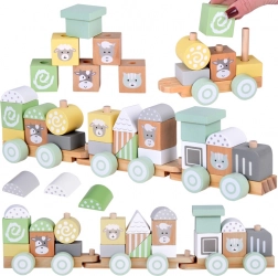 Trenuleț de lemn cu vagoane și construcție