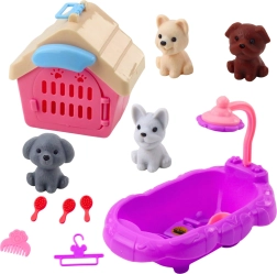 Set de îngrijire pentru căței cu cădiță, cușcă portabilă și accesorii, 4 figurine
