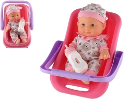 Păpușă bebeluș în marsupiu cu biberon 22 cm