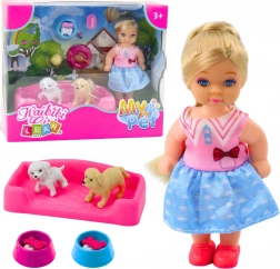 Mini păpușă cu doi căței și boluri