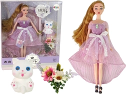 Păpușa Emily cu păr lung și pisoiaș alb