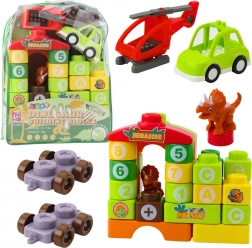 Set educativ de construit dinozauri cu litere și cifre în rucsăcel – 49 piese
