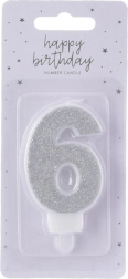 Lumânare argintie pentru tort, cifra 6, 7 cm