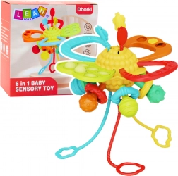 Jucărie pentru stimulare senzorială 6în1 cu inel de dentiție și șnururi