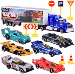 Set mașinuțe metalice de curse cu semne rutiere