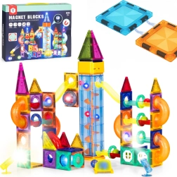 Set de construcție magnetic luminos cu pistă pentru bile, 134 piese