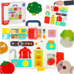 Tablă de manipulare Montessori cu elemente de bucătărie și ceas de învățare