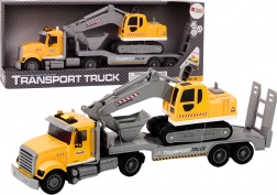 Camion galben de marfă cu excavator cu șenile cu lumini și sunete