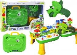 Măsuță DIY pentru copii cu mini-geantă DINOSAUR și bormașină electrică, 249 piese