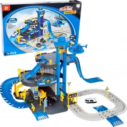 Garaj de poliție cu stație, 3 etaje cu lift, mașini și elicopter, 74 piese