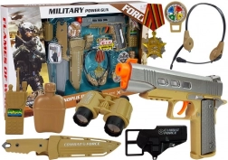 Set militar cu accesorii Pistol Cuțit Binoclu Căști Fluier Stație radio cu unde scurte Culoare verde deschis