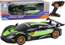 mașină sport RC 1:10 verde‑negru cu LED și 2,4 GHz