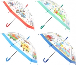 Umbrelă transparentă cu deschidere automată, cu motiv de mijloace de transport