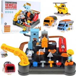 Pistă mecanică de construcții cu mașinuțe și elicopter