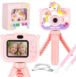 Aparat foto digital pentru copii, cu unicorn, mini trepied și card de 8 GB