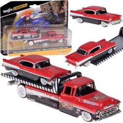 Set metalic Maisto 1:64 – camion platformă de remorcare CHEVROLET Flatbed 1957 și CHEVROLET Bel Air
